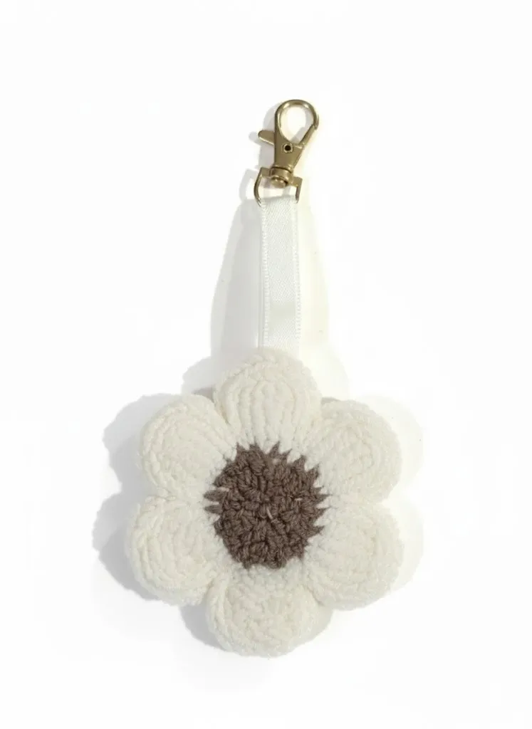 Beyaz ve Kahverengi Çiçek Motifli Ponpon Anahtarlık - El Yapımı