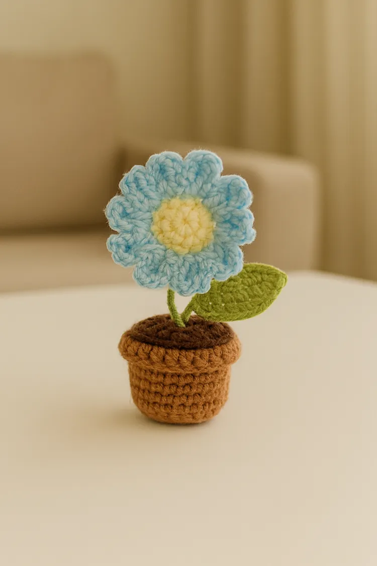 Hand Knitted Blue Daisy Flower Mini Pot - Decorative Gift