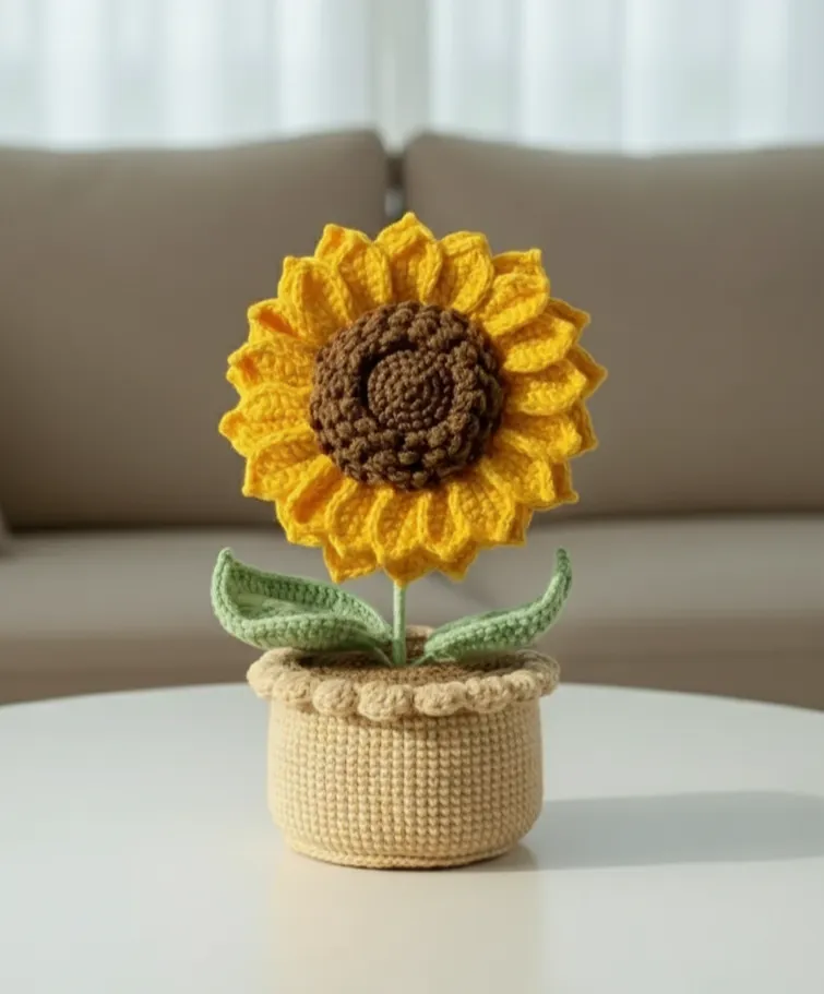 Sarı Örgü Ayçiçeği Saksı Bitki Dekoratif Ev Ofis Hediyelik - El Yapımı