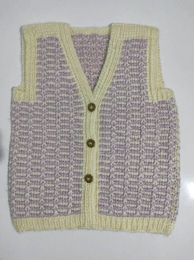 Lila ve Krem Tunus İşi Örgü Bebek Yeleği - El Emeği