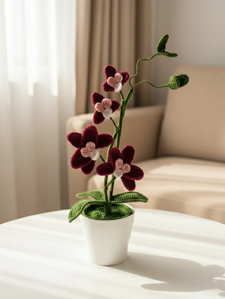 Fuşya ve Pembe Tonlarında Örgü Orkide Çiçeği Saksıda Dekoratif
Output: Knitted Orchid Flower in Fuchsia and Pink Tones Decorative in Pot