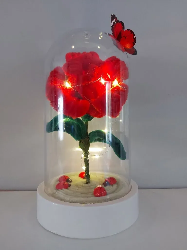 Kırmızı Solmayan Gül Tasarımlı Işıklı Fanus - Özel Hediye