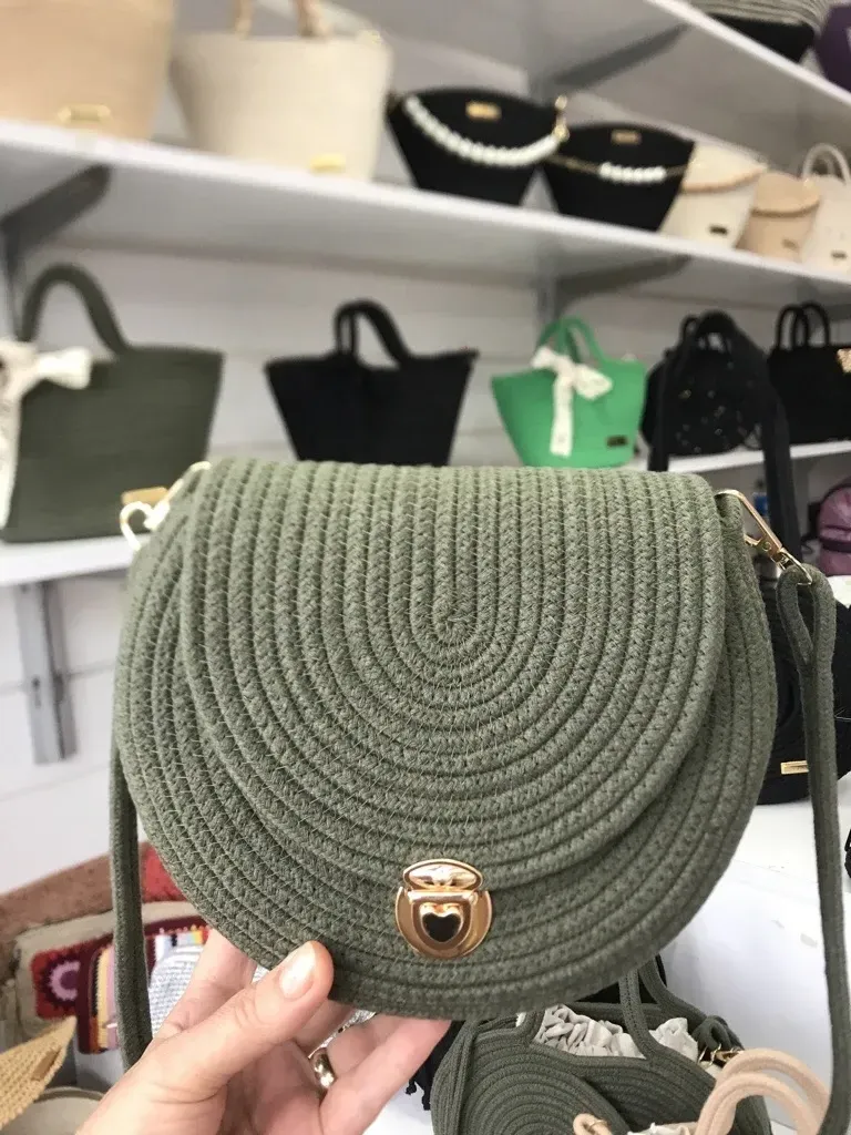 Haki Renk Halat İp Örgü Omuz Çantası - Gold Kilit Detaylı