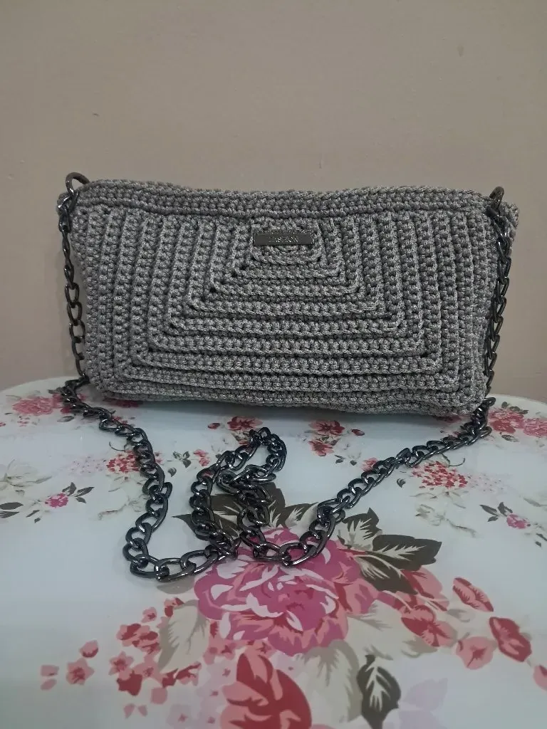 Gri Makrome Zincir Askılı Kadın Omuz Çantası ve Kartlık Seti - El Örgüsü
