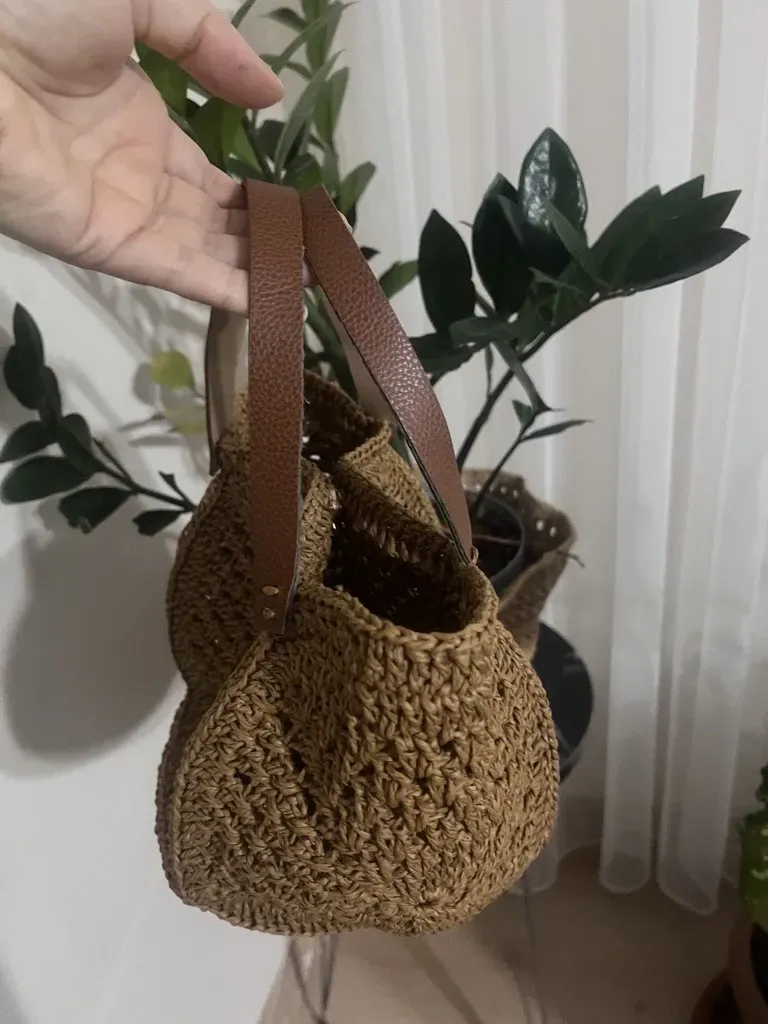 Kahverengi Kağıt İp Örgü Mini Çanta - Deri Saplı, Çıtçıtlı - El Emeği