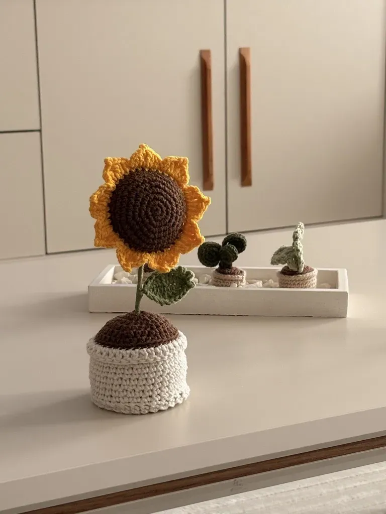 Sarı Örme Ayçiçeği Saksı Bitki - Dekoratif El Emeği Hediye