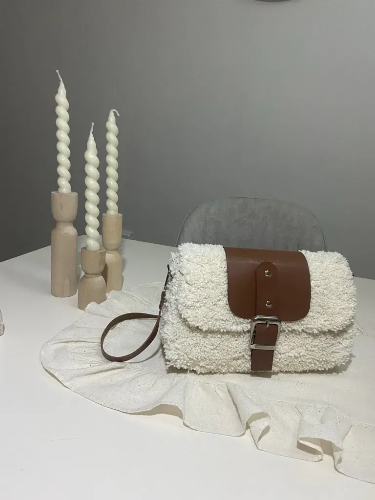 Bej Teddy İp Detaylı Kanvas Omuz Çantası - Tokalı Kapaklı