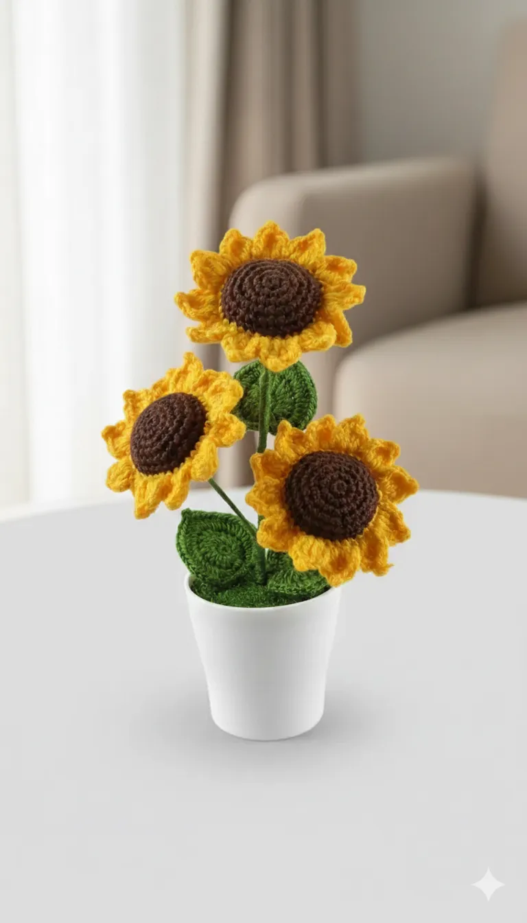 Hand Knitted Sunflower Bouquet - Decorative Artificial Flower in White Pot