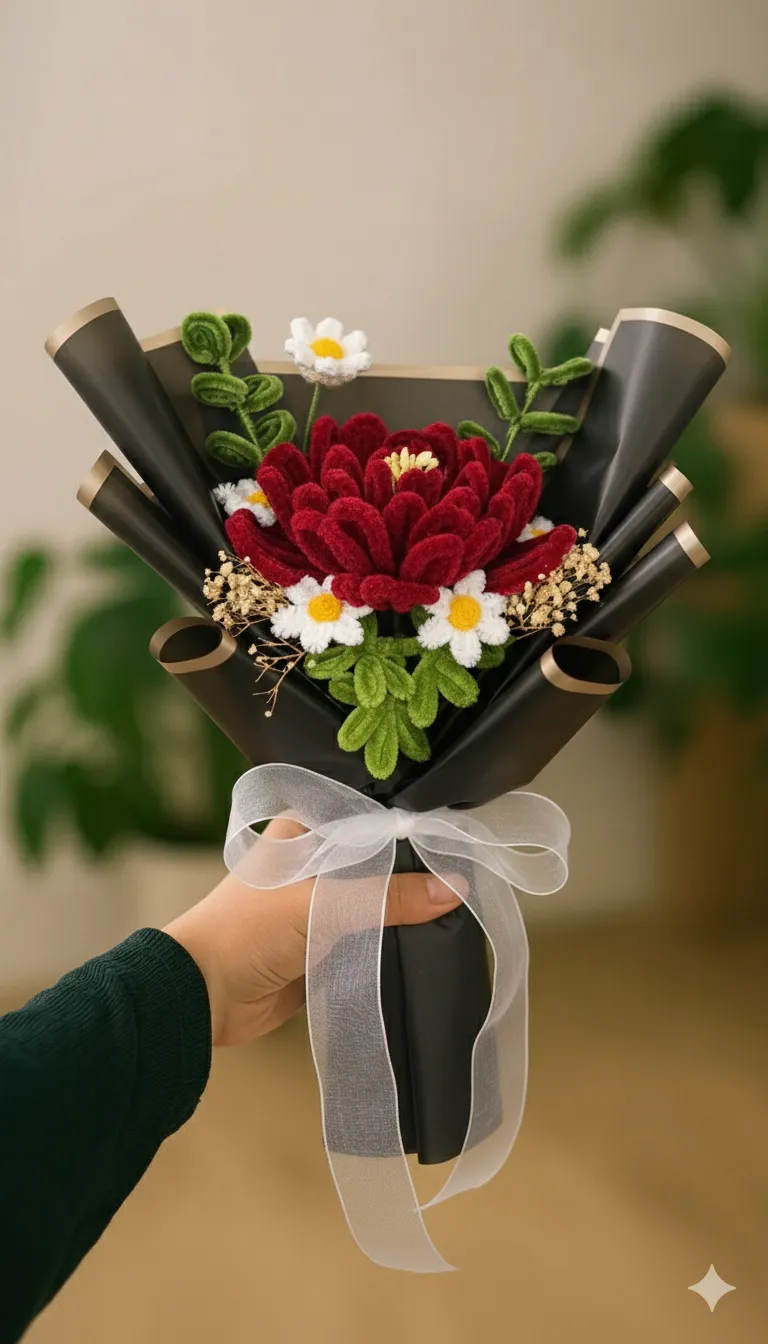 Chenille Yarn Peony and Daisy Bouquet - Handmade Decorative Flower