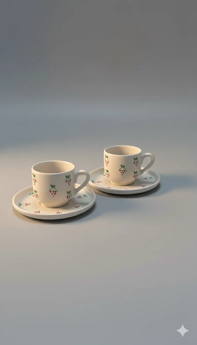 Kiraz Desenli Porselen Kahve Fincan Takımı (2 Kişilik)