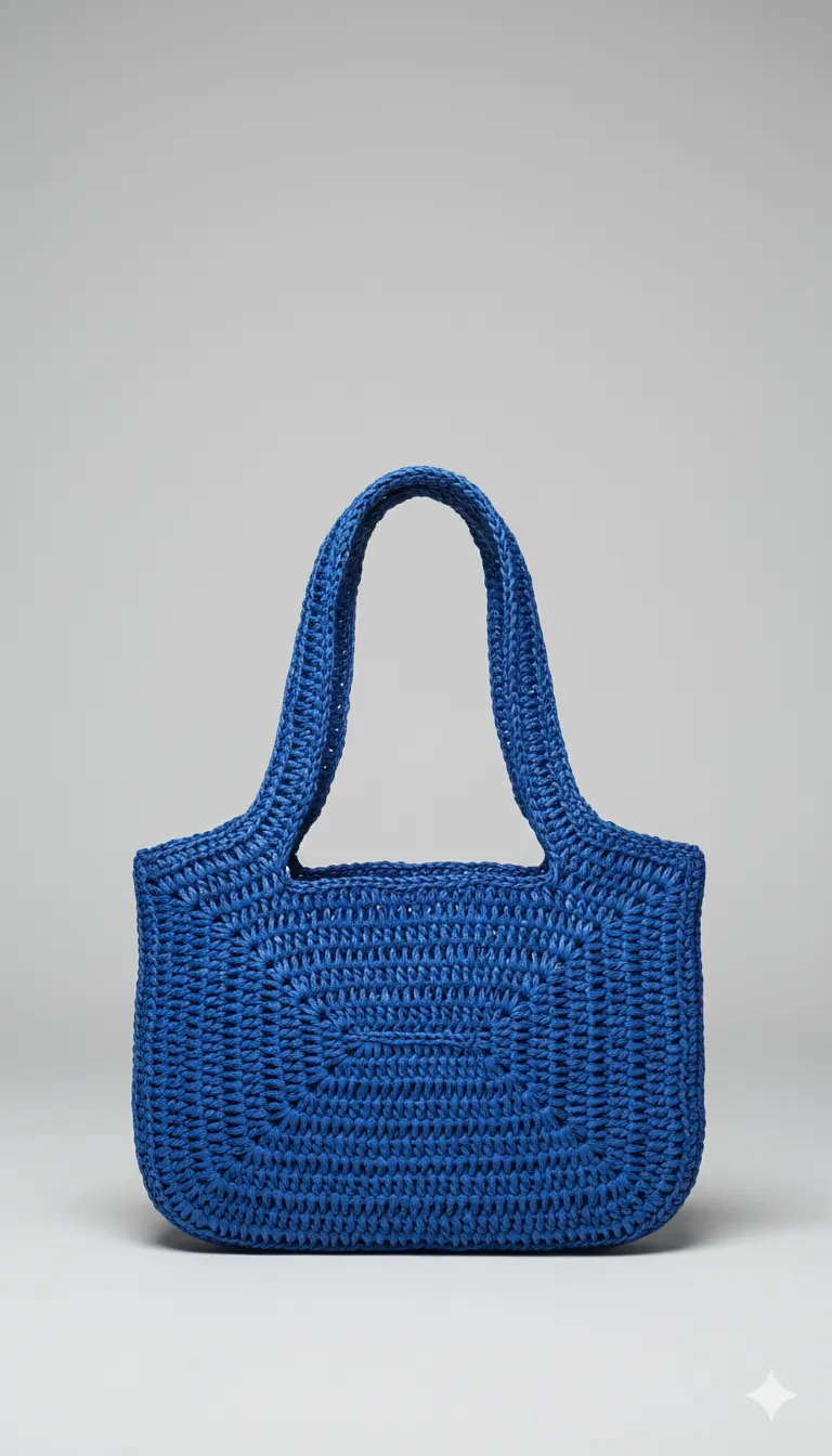 Mavi Rafya Örgü Omuz Çantası - Astarlı ve Cepli - El Yapımı