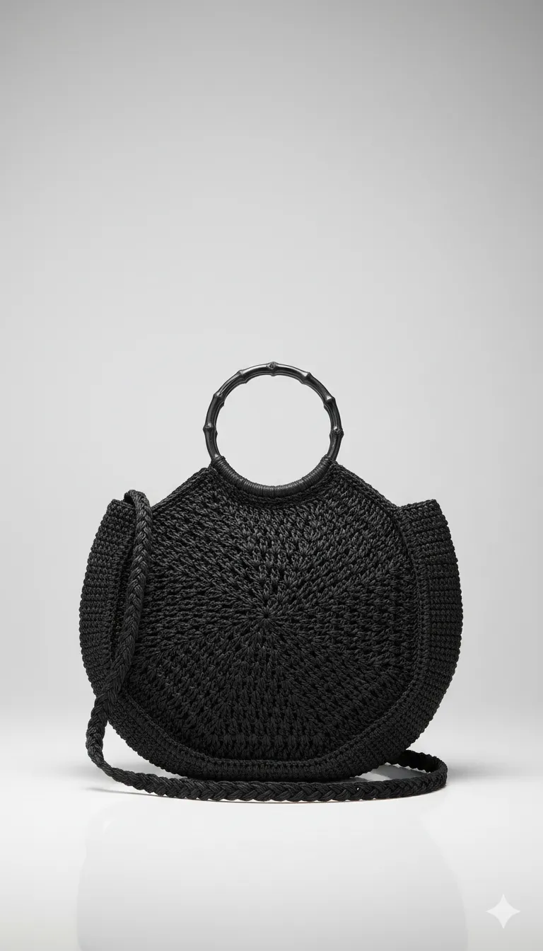 Siyah Sekizgen Hasır Çanta – Kağıt İple Örülmüş, Ahşap Görünümlü Saplı, Çapraz Askılı El Yapımı Model