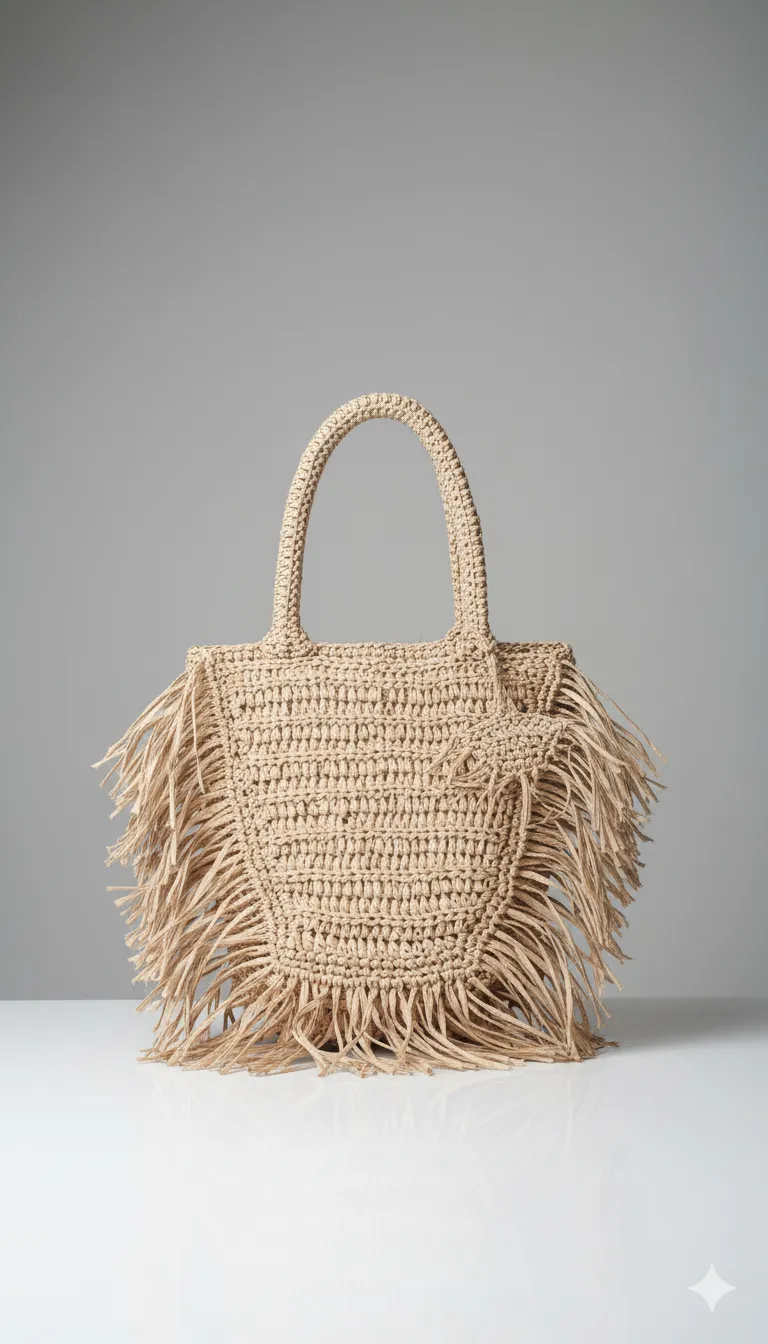 Doğal Renk Saçaklı Hasır Omuz Çantası – Rafya İple Örülmüş, Astar ve Cepli El Yapımı Model