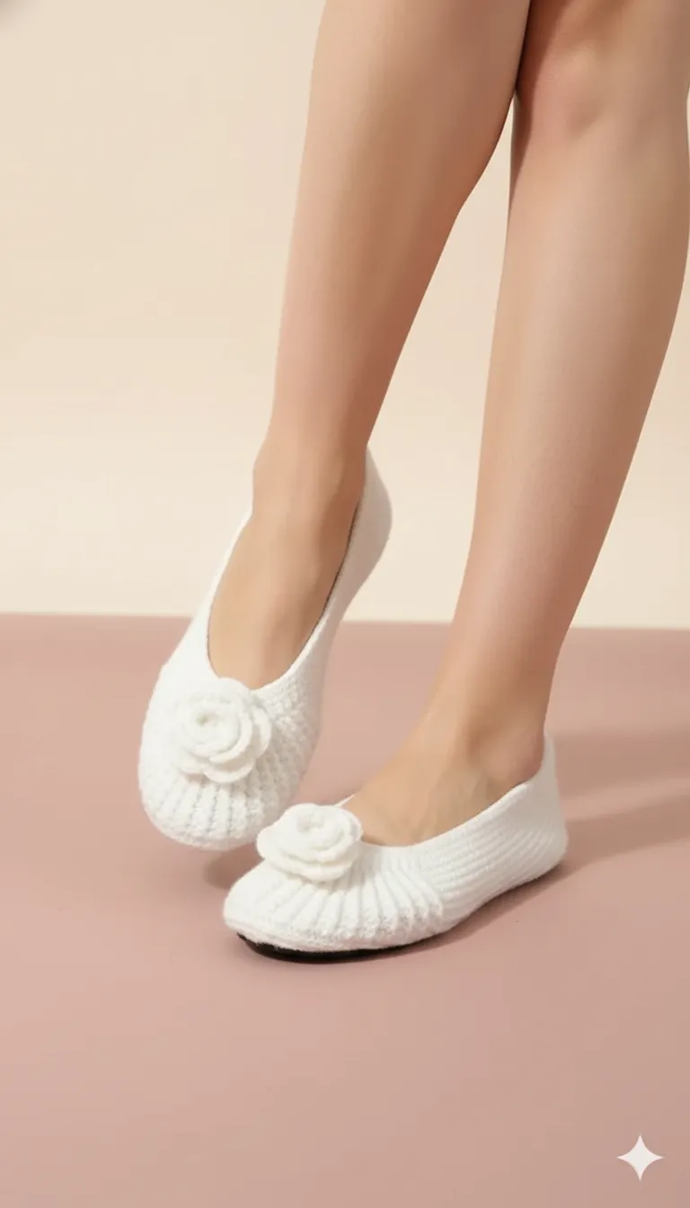 Beyaz Örgü Babet Ev Patiği Tokalı (37-38) - El Emeği