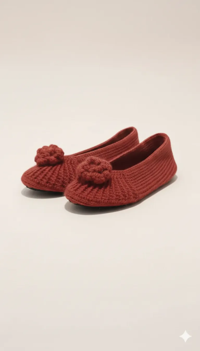 Bordo Örgü Babet Ev Terliği Tomurcuk Tokalı - 38-39 Numara