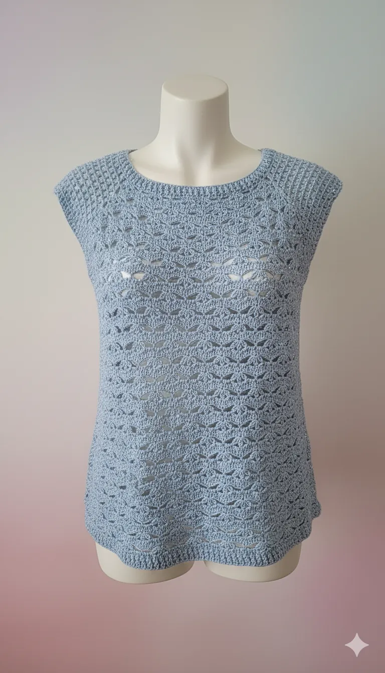 Mavi Simli Pamuk Örgü Bluz - El Emeği Yazlık Şık Tasarım