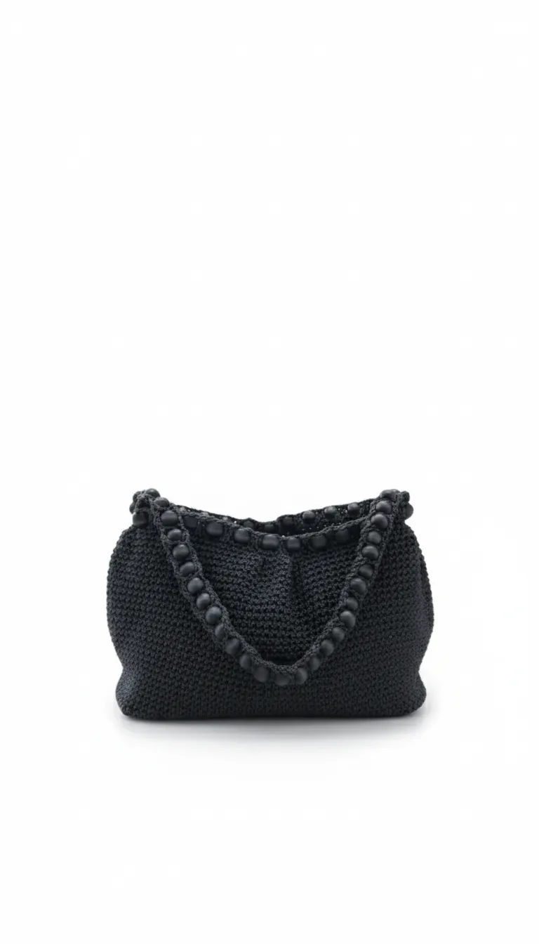 Siyah Makrome Örgü Boncuk Detaylı Omuz Çantası - Şık ve Zarif