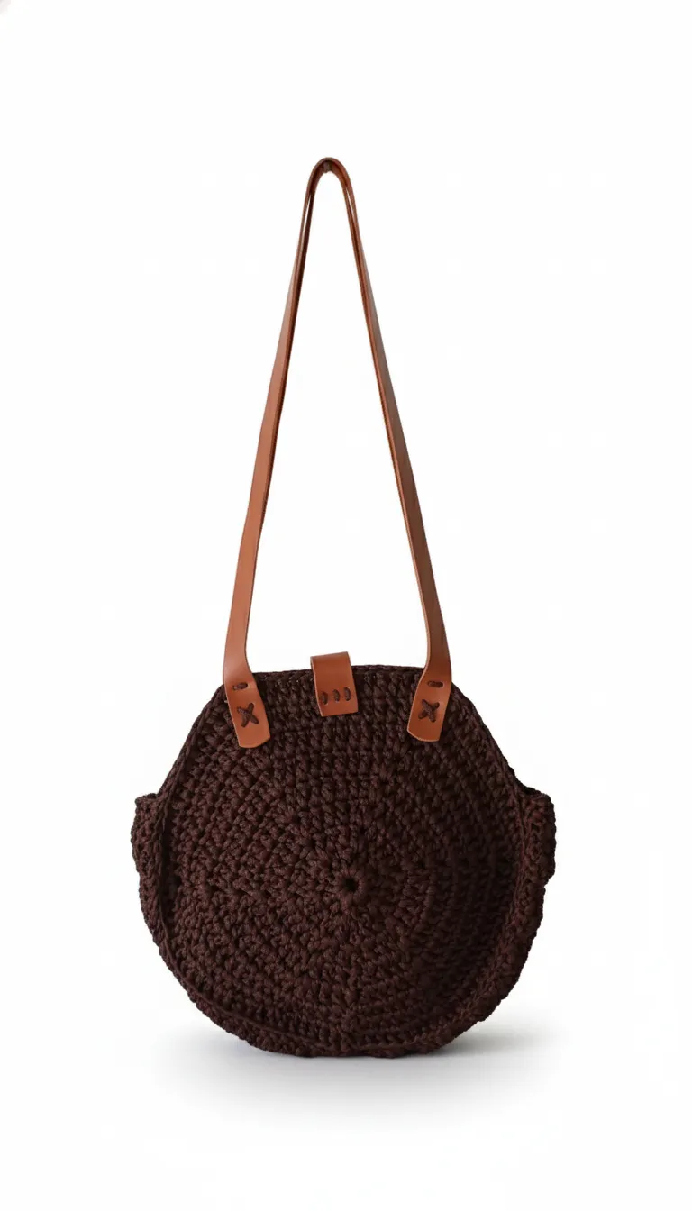 Kahverengi Örgü Ribon İpli Çıtçıtlı Omuz Çantası - El Emeği