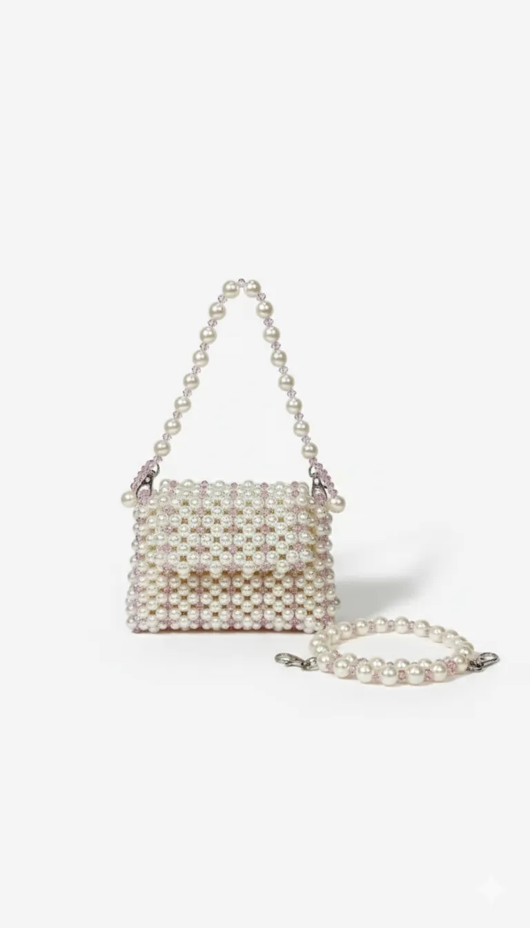 İnci ve Pembe Kristal Detaylı Örgü Çanta - El Emeği Pera Perla