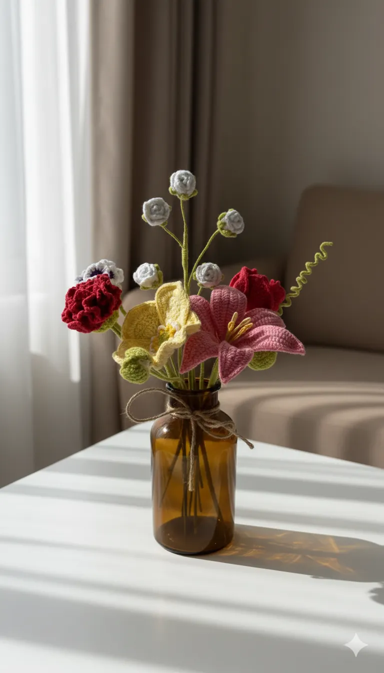 Yapımı Örgü Çiçek Aranjmanı - Kahverengi Cam Vazoda Renkli Çiçekler - El