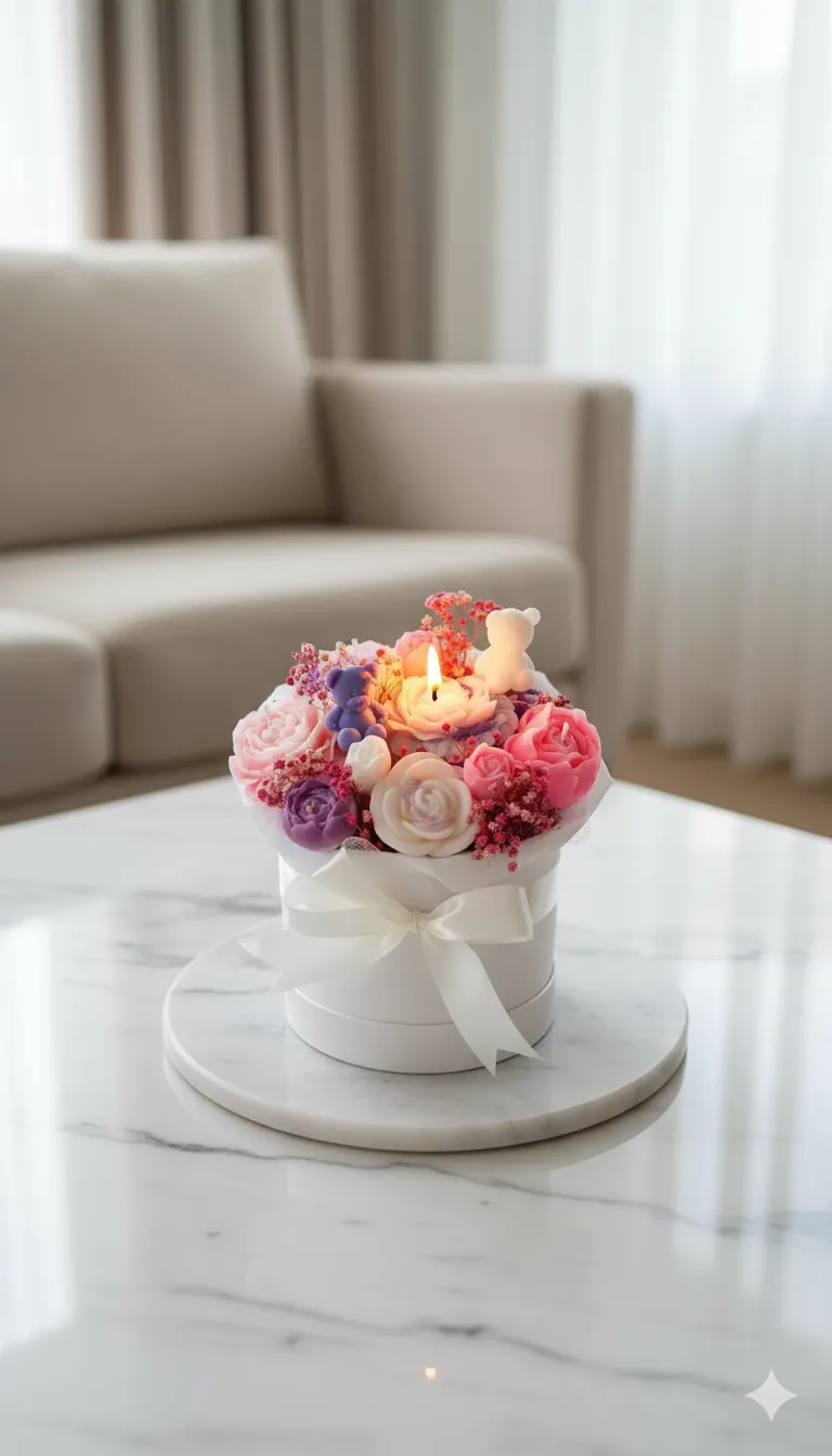 Solmayan Renkli Çiçek Buketi ve Mum Aranjmanı - Premium Flower Box