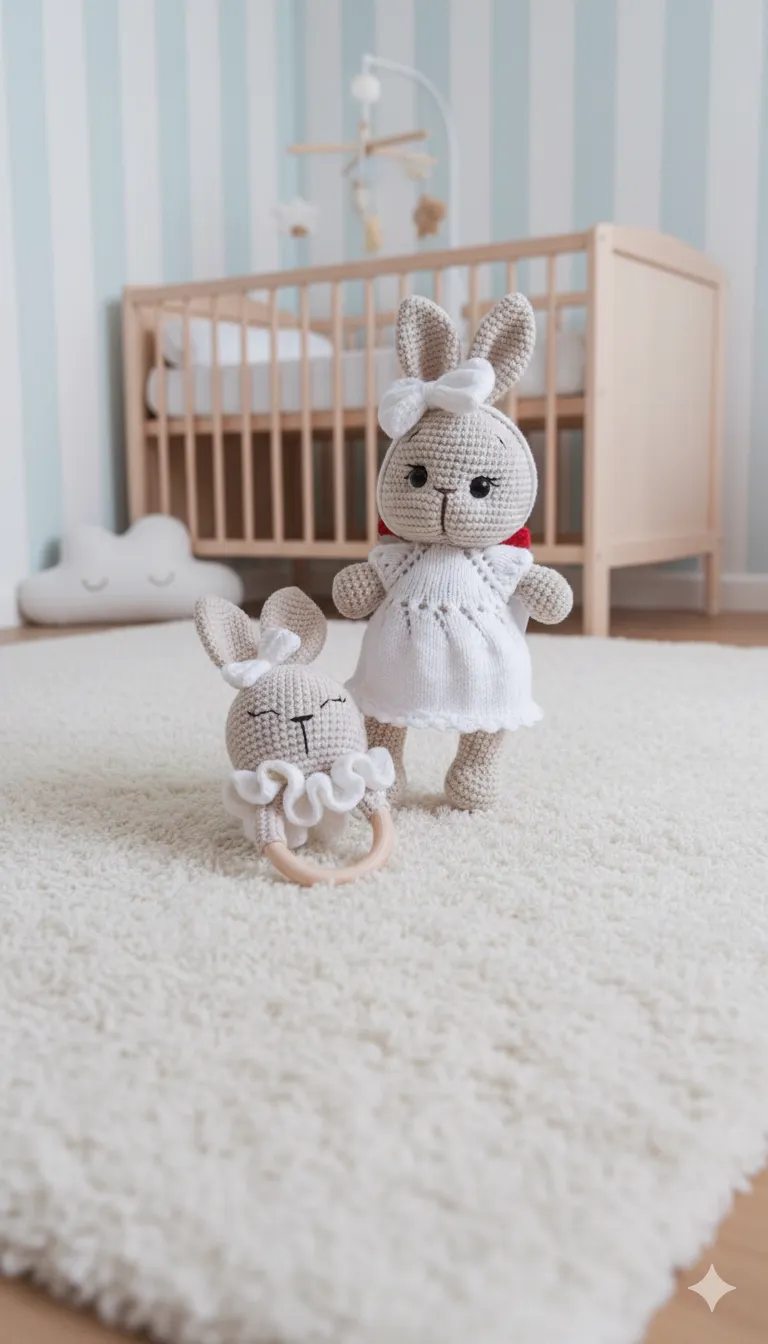 Örme Tavşan Oyuncak ve Çıngırak Seti - Beyaz Elbiseli, El Emeği