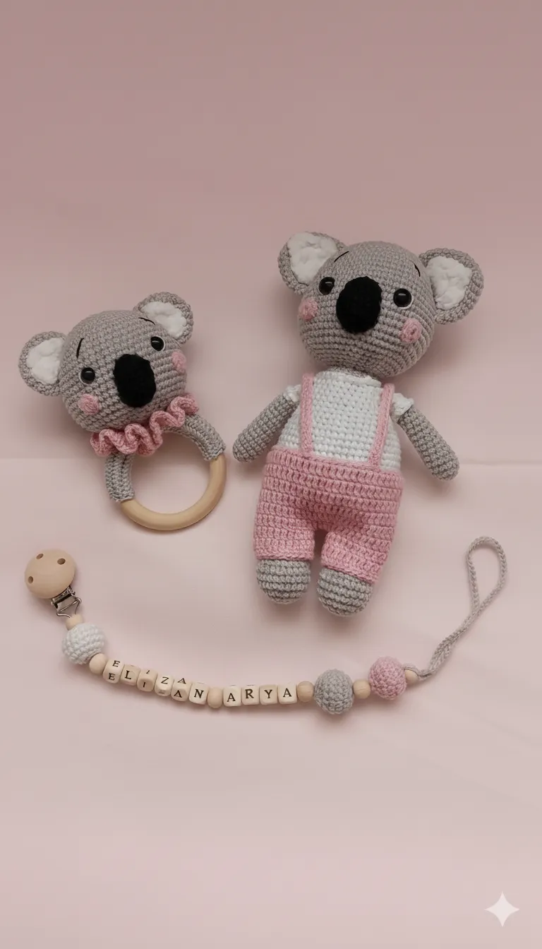 Gri Örgü Koala Oyuncak Seti - Bebek Çıngırak ve Emzik Zinciri