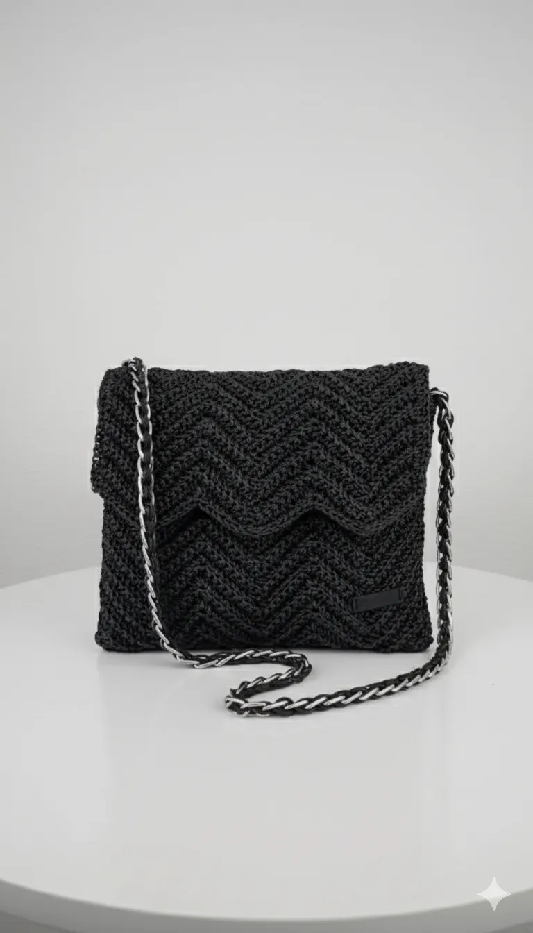 Siyah Örgü Desenli Zincir Askılı Kadın Clutch Çanta