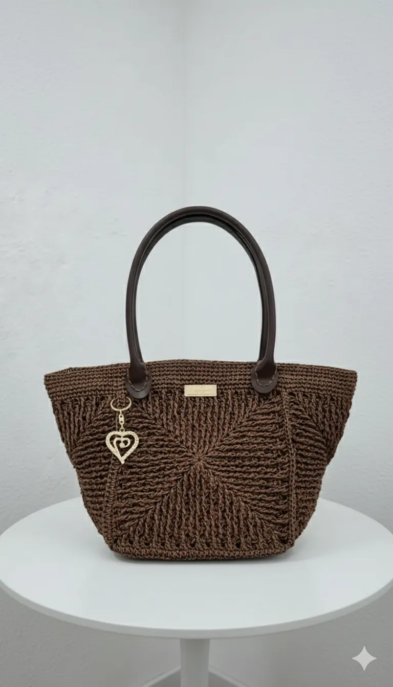 Kahverengi Kağıt İp El Örgüsü Hasır Görünümlü Omuz ve Kol Çantası