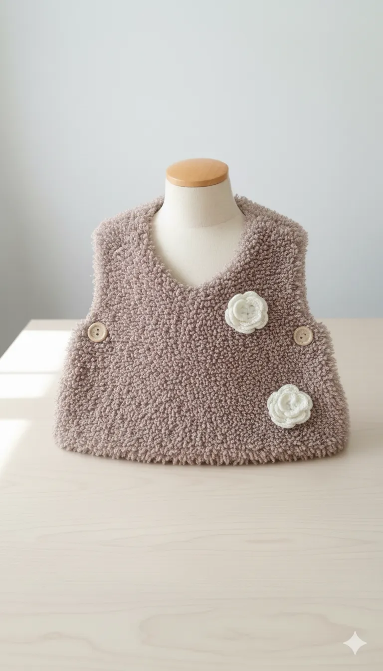 0-3 Ay El Yapımı Bebek Yeleği Kahverengi Örgü Çiçek Detaylı Yumuşak Yelek