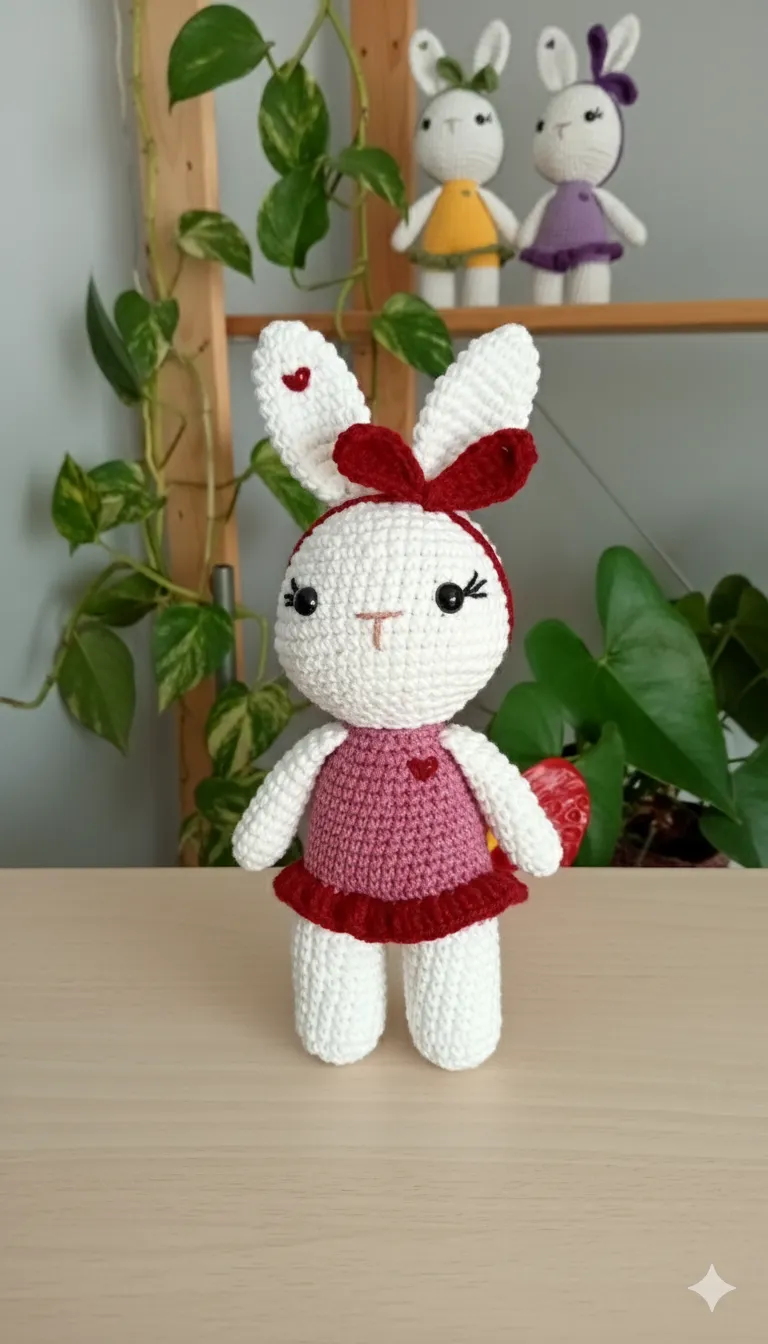 Kırmızı Kalpli Amigrumi Örgü Tavşan