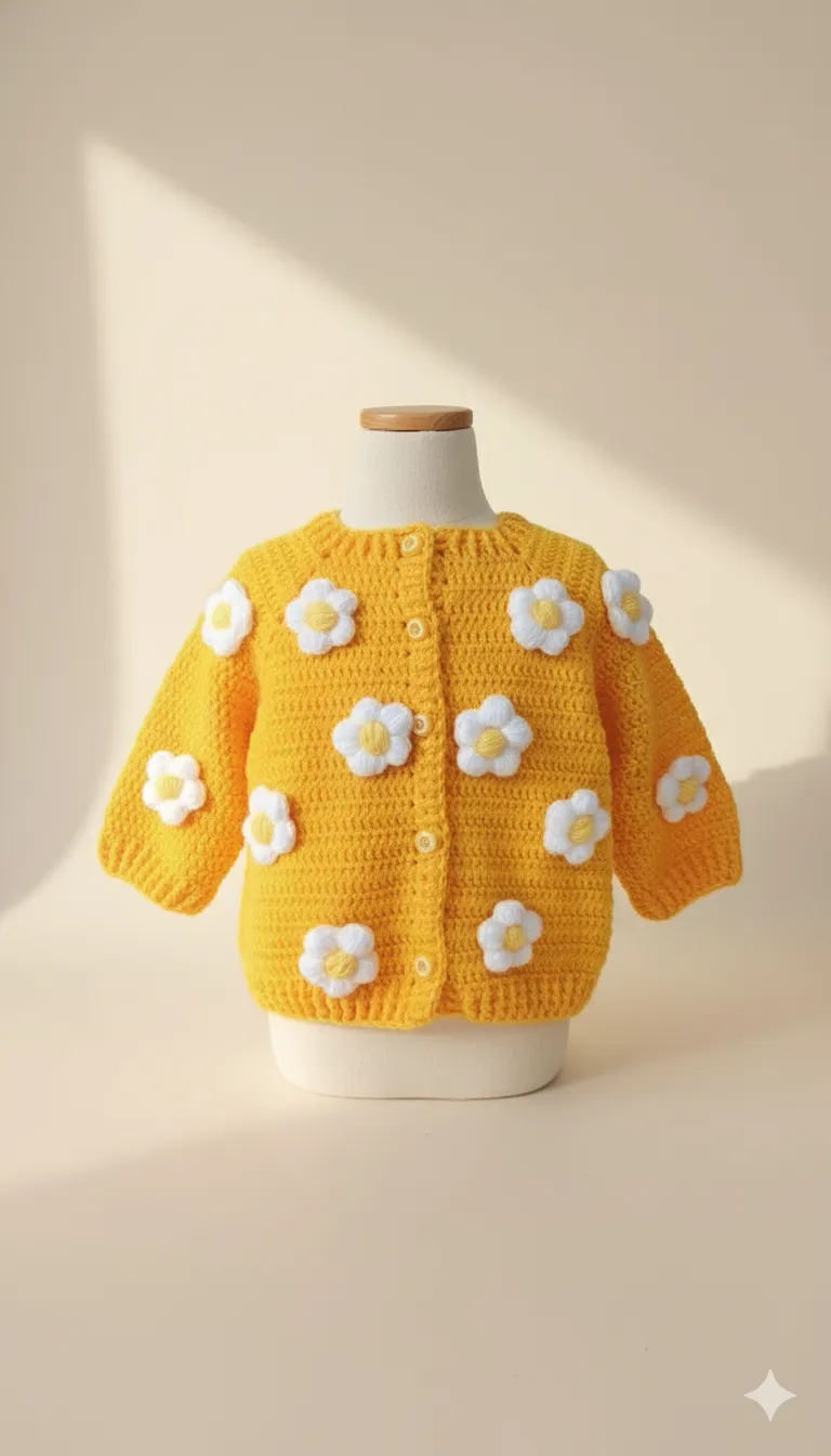 Sarı Renkli El Örgüsü Bebek Hırka - Beyaz Papatya Çiçekli Model