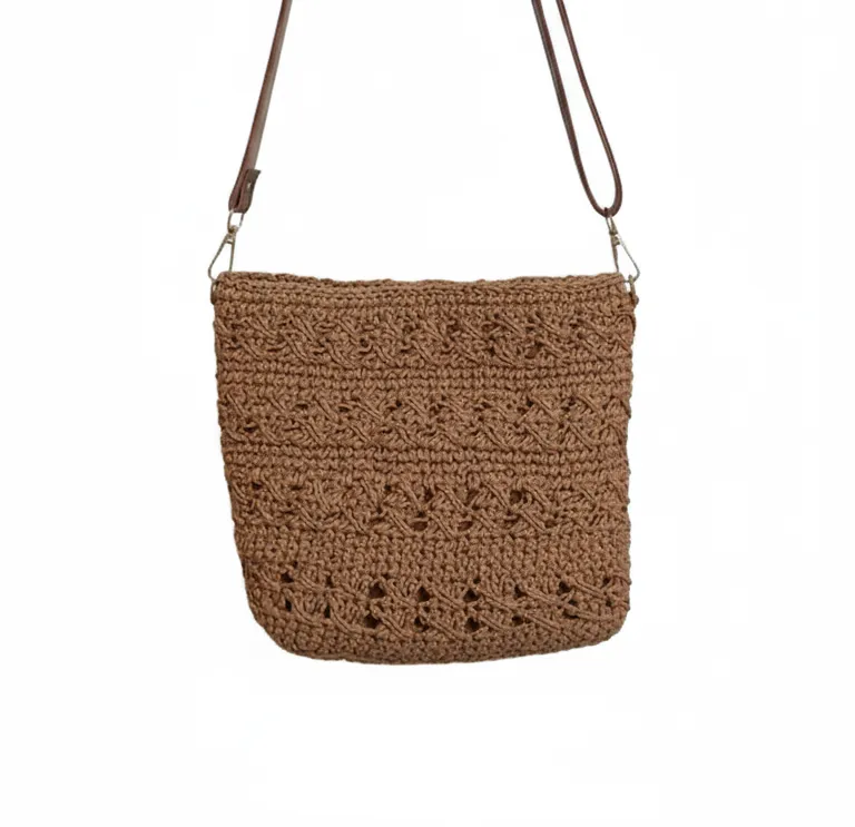 Kahverengi Kağıt İp Örgü Çapraz Askılı Omuz Çantası - El Yapımı