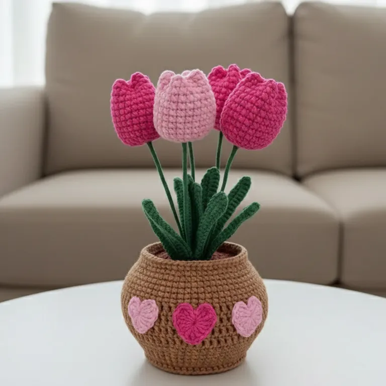 Pembe Örgü Lale Buketi Kahverengi Saksıda - El Emeği Dekoratif