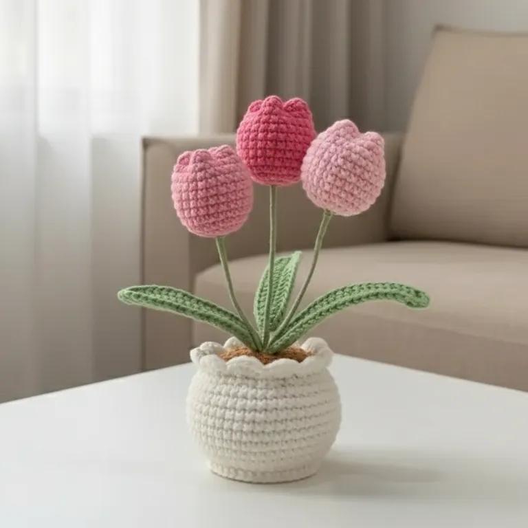 Pembe Tonlarında Amigurumi Örgü Lale Çiçek Saksısı - El Emeği