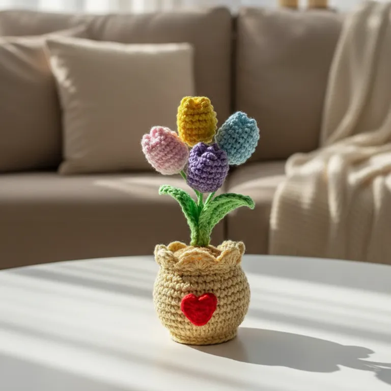 Örgü Karamel Saksıda Renkli Lale Buketi - El Emeği Dekoratif Çiçek