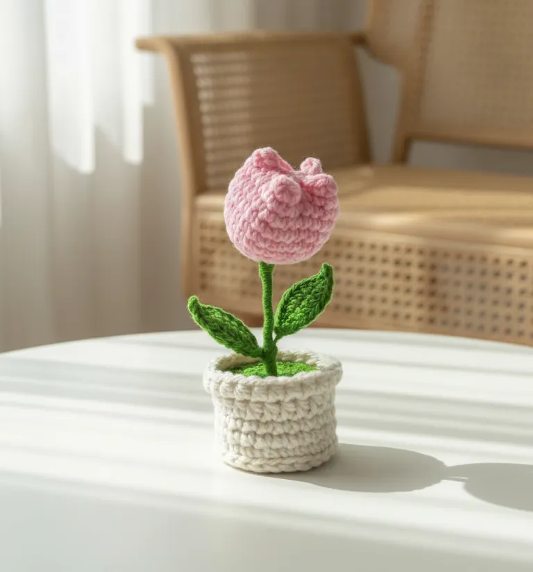 Pembe Örgü Lale Çiçeği ve Beyaz Saksı - Dekoratif El Emeği