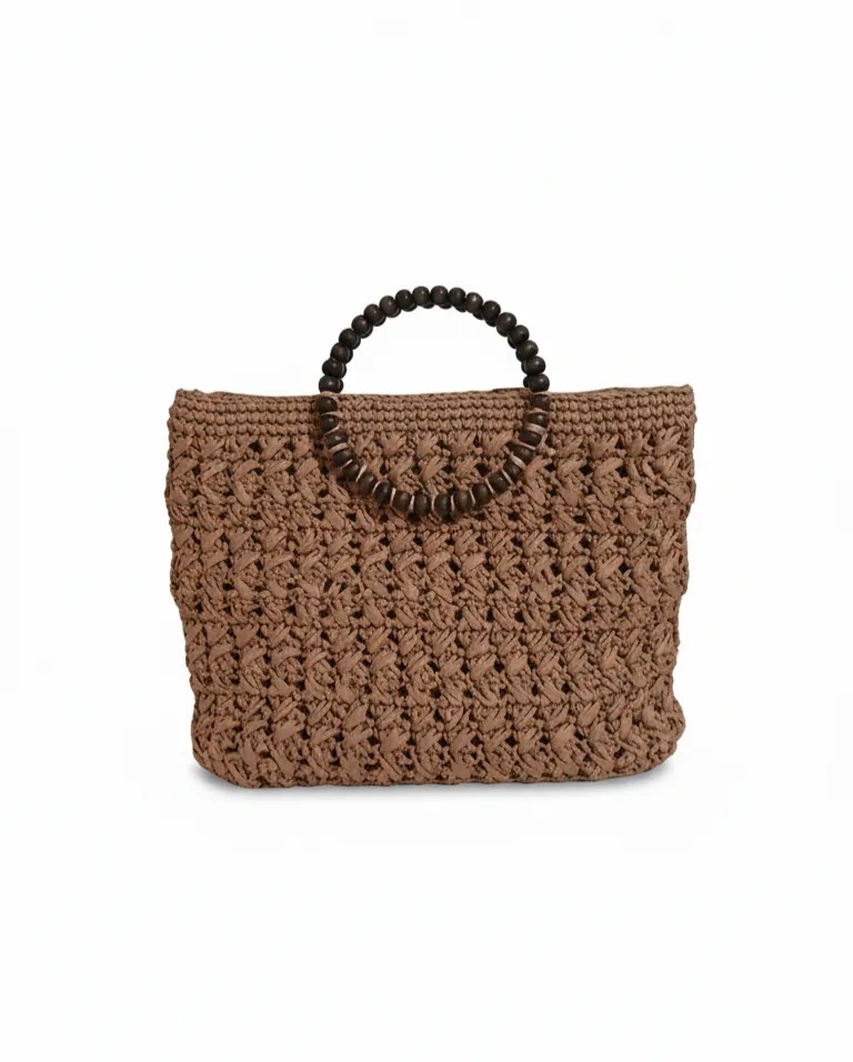 Kahverengi Hasır Örgü Omuz Çantası - Ahşap Saplı - El Yapımı