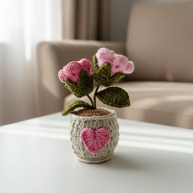 Pembe Örgü Gül Saksı - Öğretmenler Günü Hediyesi - El Emeği