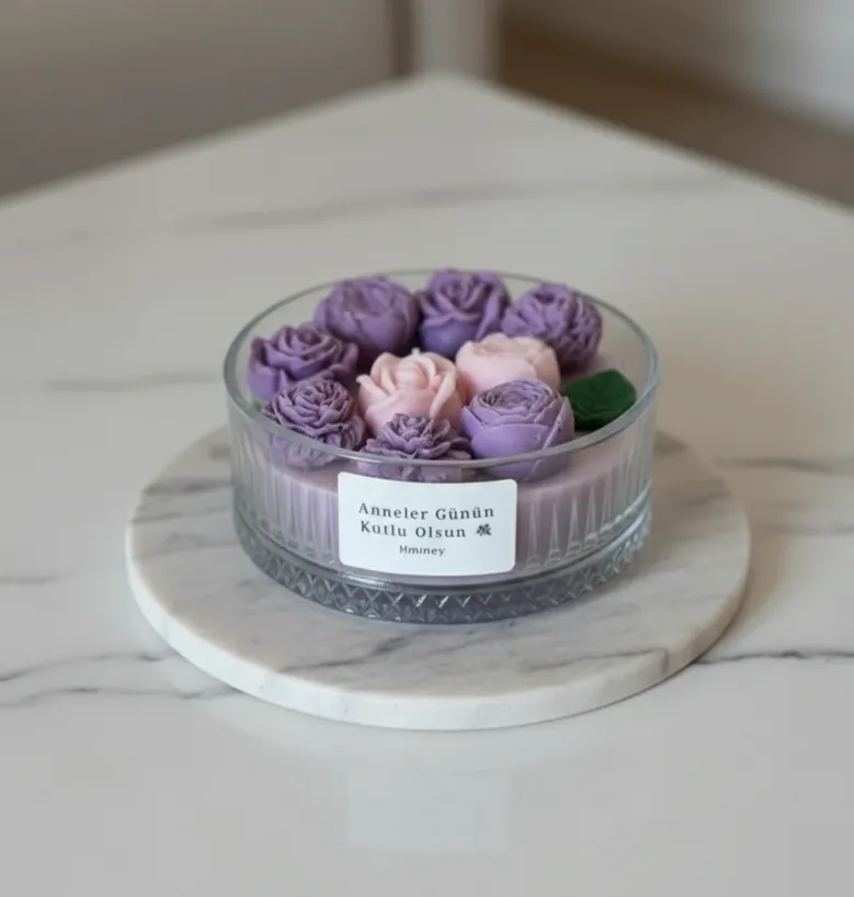 Lila ve Pembe Gül Tasarımlı Cam Kaseli Dekoratif Mum - El Yapımı