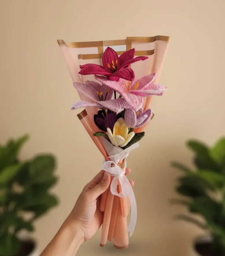 Knitted Lily and Tulip Flower Bouquet - Decorative Gift in Pink Tones