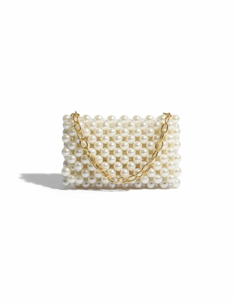 Beyaz İnci Boncuklu Zincir Askılı Özel Tasarım Kadın Omuz Çantası