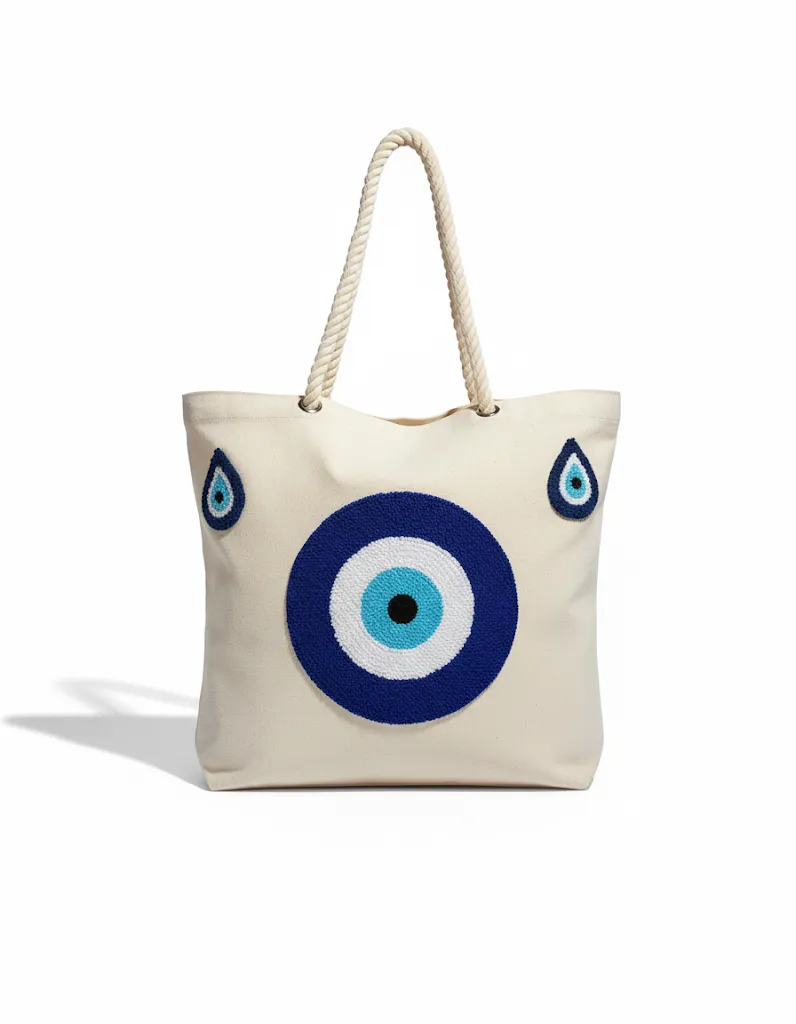 El Yapımı Punch Nakışlı Nazar Boncuğu Desenli Pamuklu Bez Çanta