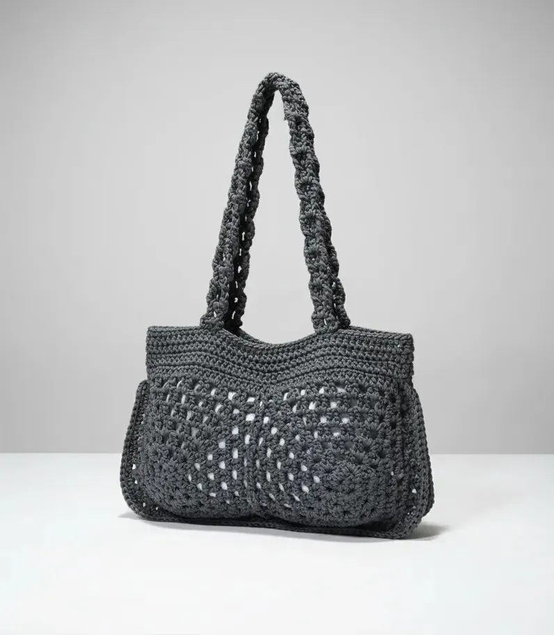Gri Örgü Omuz Çantası - Astarlı, Çıtçıtlı, Orta Boy - El Örmesi