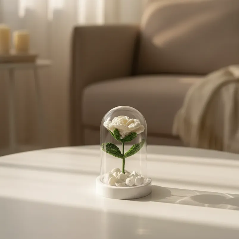 Krem Renkli Örgü Gül Tasarımlı Mini Fanus - Dekoratif Hediyelik