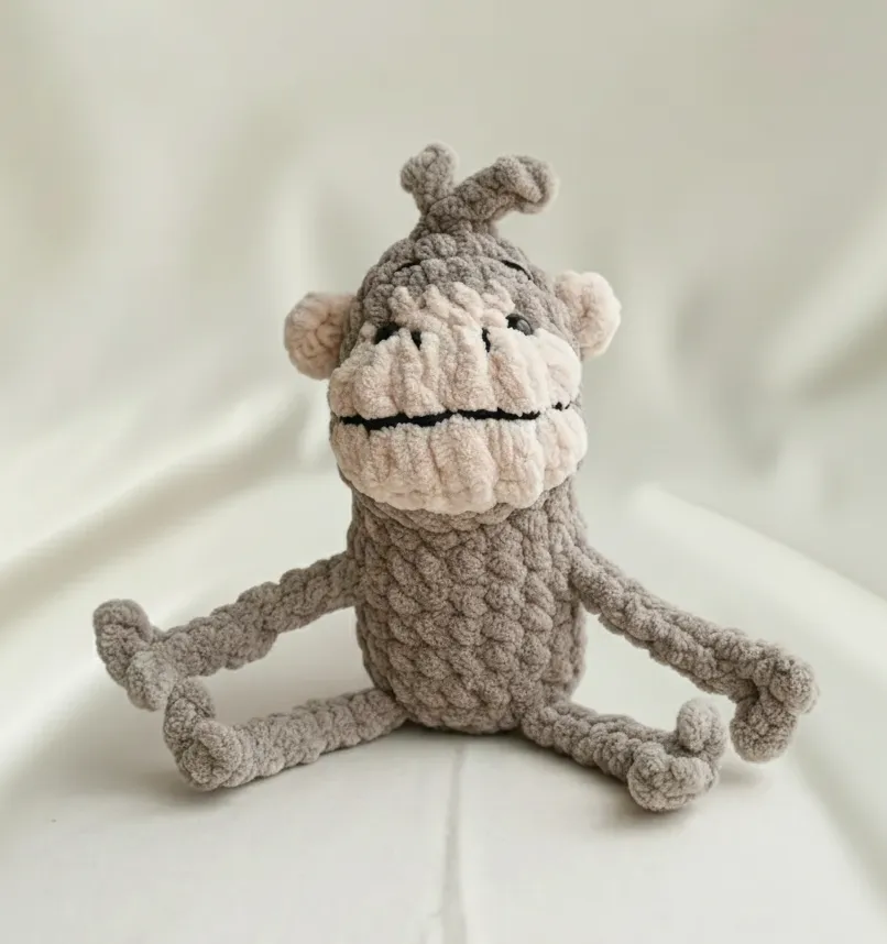 Gri Tonlarında Sevimli Maymun Amigurumi Oyuncak - El Örgüsü