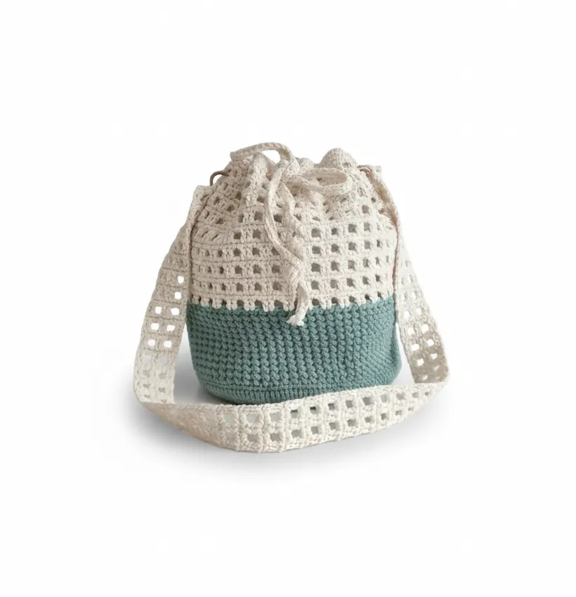 Mint Yeşili ve Krem Rengi Makrome Örgü Omuz Çantası - Astarlı