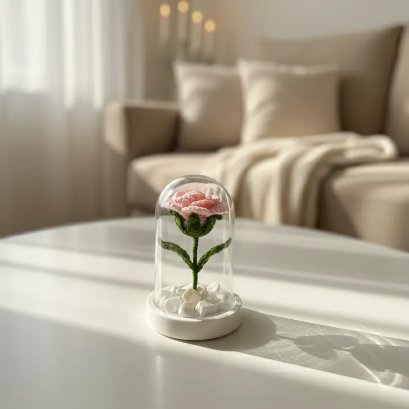 Mini Fanus İçinde Pembe Örgü Gül - Dekoratif Hediye, El Emeği