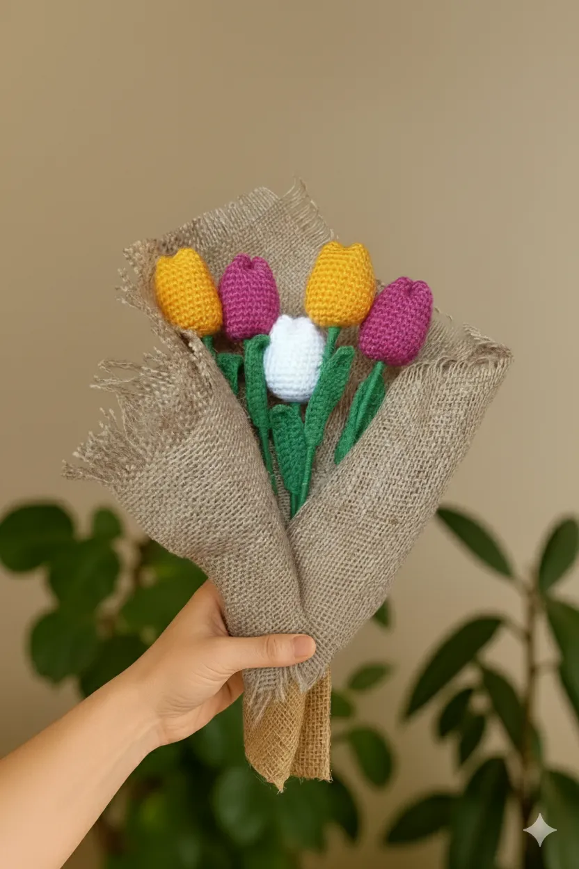 Hand-Knitted Flower Bouquet from Colorful Tulips