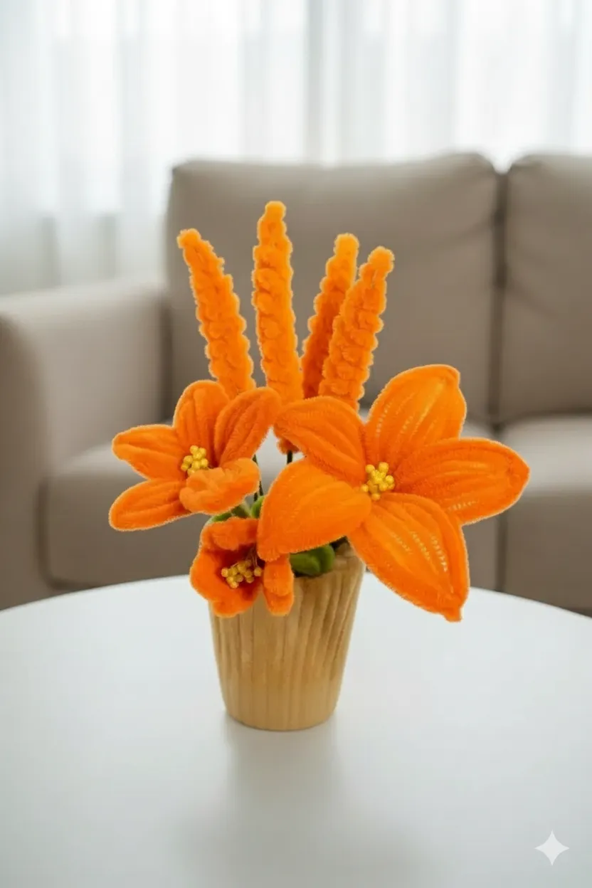 Turuncu Şönil Çiçek Aranjmanı - Saksıda El Yapımı Dekoratif Çiçek